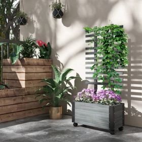 Modern Farmhouse Grey Wood Raised Garden Bed Planter on Wheels with Trellis