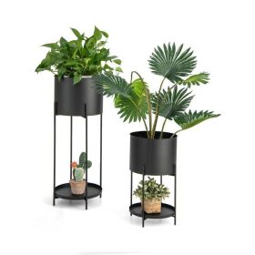 Set of 2 Black Metal Garden Planter Flower Pot Stand with Bottom Shelf