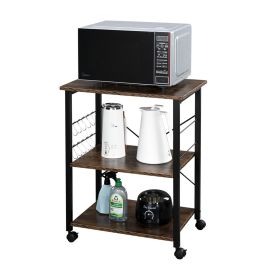 Baker's Rack 3-Tier Kitchen Utility Microwave Oven Stand Storage Cart Workstation Shelf(Vintage Board Top Black Metal Frame) RT - Vintage / Black