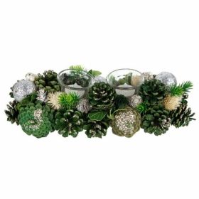 Northlight 13" Green Pinecone and Silver Glitter Ornaments Christmas Tealight Candle Holder - Northlight